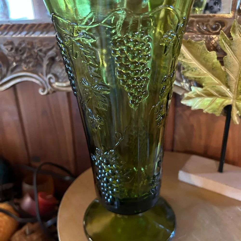 Indiana Glass Olive Green Pressed Glass Grape Motif Vase